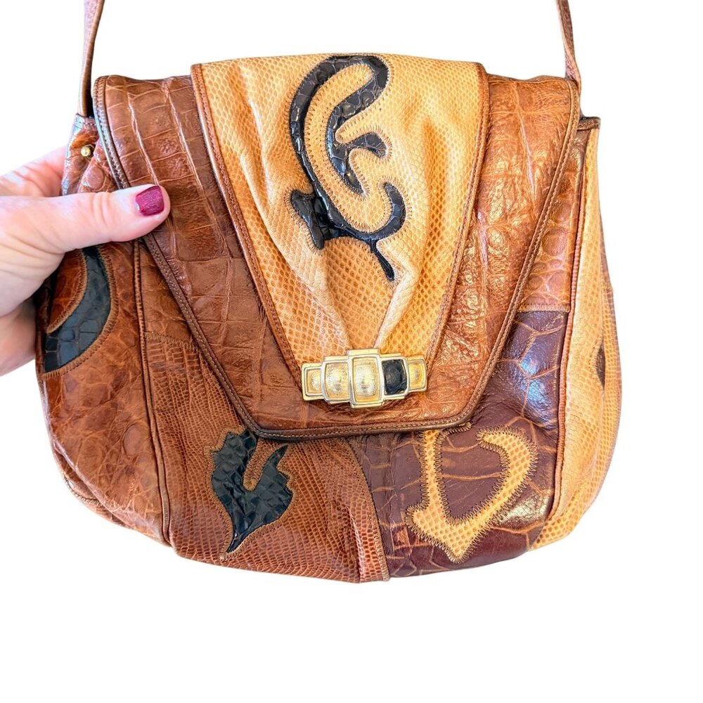 Sharif Vintage Leather Crossbody Bag Snakeskin Croc Embossed Brown USA Retro - Picture 8 of 16